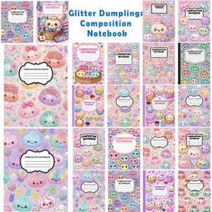 May include: A collection of composition notebooks featuring a repeating pattern of colorful, smiling dumpling characters with glitter accents. Each notebook cover displays a white label with the text Composition Notebook for writing a name.