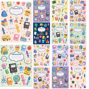 Puede incluir: Una colección de cuadernos de composición con varios fondos pastel y oscuros decorados con útiles escolares de dibujos animados, incluyendo mochilas, globos terráqueos, autobuses escolares, tijeras, pegamento, reglas y calculadoras, cada uno con una etiqueta central.