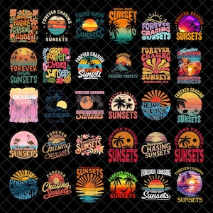 Puede incluir: Una colección de diseños coloridos con temática de atardeceres con el texto "Forever Chasing Sunsets". Los diseños presentan puestas de sol, palmeras y varios estilos artísticos, ideales para ropa o accesorios.