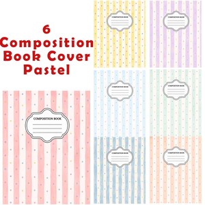 Op de afbeelding: Zes covers voor compositieboeken met pastelkleurige verticale strepen en kleine gekleurde stippen. Elke cover bevat een centraal decoratief label met de tekst Composition Book en vier horizontale lijnen voor tekst.