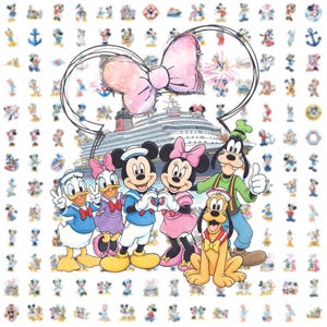 Puede incluir: Ilustración colorida con personajes de Disney, incluyendo Mickey Mouse, Minnie Mouse, Donald Duck, Daisy Duck, Goofy y Pluto. Los personajes están frente a un crucero y un gran lazo rosa. Pequeñas ilustraciones de personajes rodean la imagen principal.