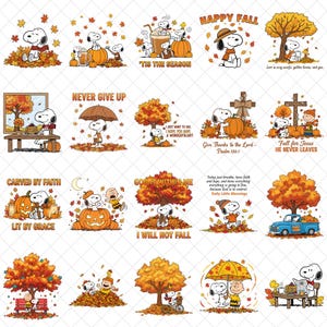 Op de afbeelding: Een verzameling herfstthema Snoopy en Woodstock illustraties. Snoopy wordt afgebeeld met pompoenen, herfstbladeren en tekst zoals "Happy Fall" en "Never Give Up". De afbeeldingen bevatten warme kleuren en seizoensgebonden thema's.