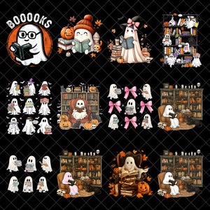 Może przedstawiać: Kolekcja ilustracji o tematyce Halloween z kreskówkowymi duchami. Niektóre duchy czytają książki, noszą kapelusze lub są otoczone dyniami i jesiennymi liśćmi. Fraza "BOOOOKS" jest wyświetlana w okrągłym wzorze.