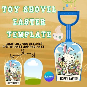 Puede incluir: Una pala de juguete azul con un asa en forma de D y un diseño de conejito de dibujos animados. La pala presenta el texto "TOY SHOVEL EASTER TEMPLATE" y "HOPPY EASTER!". El diseño incluye flores, abejas y una cesta de Pascua.