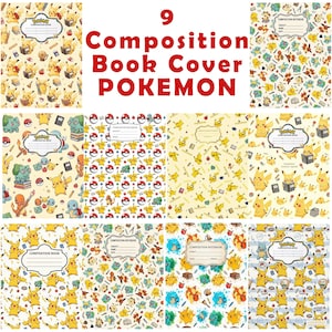 Puede incluir: Una colección de nueve portadas para cuadernos de composición con varios personajes Pokemon, incluyendo a Pikachu, Bulbasaur, Charmander y Squirtle, con iconos escolares como libros, lápices y Poke Balls sobre fondos de colores claros.