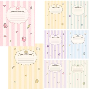 May include: A collection of seven composition books featuring pastel striped covers with dotted lines. Each cover displays a central scalloped label with the text COMPOSITION BOOK and small icons including bows, backpacks, pencils, and hearts.