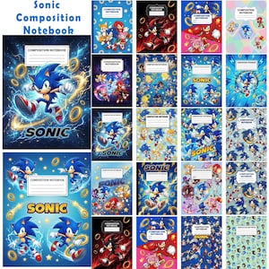 Plus de 20 couvertures de cahier Sonic au format PNG, cahier de composition de jeu vidéo, couverture scolaire modifiable Canva, modèle de journal à imprimer, téléchargement PNG