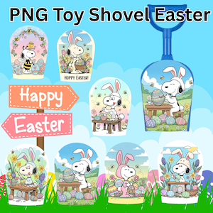 Puede incluir: Gráficos con temática de Pascua con Snoopy con orejas de conejo y decorando huevos. Las imágenes están sobre un fondo de cielo azul con hierba y flores, e incluyen el texto "Happy Easter".