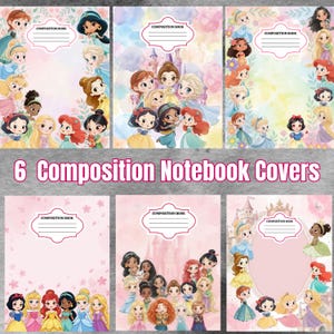 Puede incluir: Seis portadas para cuadernos de composición con diversas princesas de dibujos animados en estilo acuarela. Cada portada incluye una etiqueta blanca central con el texto COMPOSITION BOOK y líneas para escribir sobre fondos de tonos pastel.