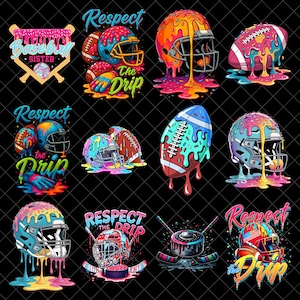 Puede incluir: Una colección de ilustraciones digitales coloridas con equipamiento deportivo con un efecto de goteo. Los diseños incluyen pelotas de béisbol, balones de fútbol americano, cascos y equipo de hockey. El texto incluye "Baseball Sister" y "Respect the Drip."