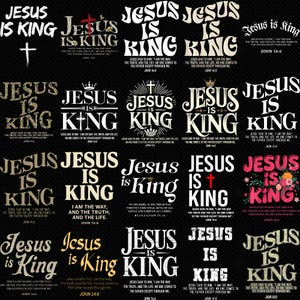 Puede incluir: Una colección de diseños gráficos con el texto "Jesús es Rey" en varias fuentes y estilos. Algunos diseños incluyen cruces, coronas y elementos florales. El texto es en blanco, dorado y rosa sobre un fondo negro.