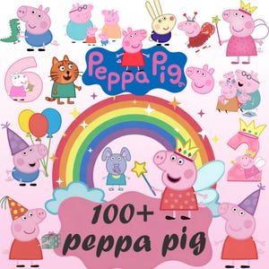 Puede incluir: Una colección de ilustraciones coloridas de personajes de Peppa Pig, incluyendo a Peppa, George y amigos, con un arcoíris y el texto "Peppa Pig" y "100+ peppa pig". La imagen tiene un fondo rosa.
