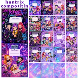 May include: A collection of Kpop Demon Hunters composition books featuring vibrant purple and blue backgrounds with cartoon characters, musical notes, stars, and disco balls. The covers display the text Kpop Demon Hunters and Huntrix.
