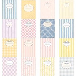 Puede incluir: Una colección de dieciséis cuadernos rectangulares con varios patrones en tonos pastel, incluyendo rayas verticales, cuadros, puntos y tartán. Cada portada muestra una etiqueta decorativa central con el texto COMPOSITION BOOK.
