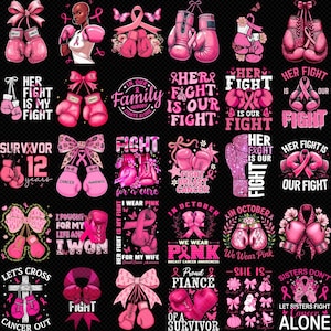 May include: A collection of pink boxing gloves, ribbons, and text related to breast cancer awareness. The designs include phrases like "Her Fight Is Our Fight" and "In October We Wear Pink".