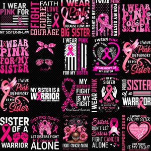 Puede incluir: Una colección de diseños gráficos en rosa y blanco con texto relacionado con la concienciación sobre el cáncer de mama. Los diseños incluyen lazos, textos como "Llevo rosa por mi hermana" y frases inspiradoras. El tema general es el apoyo y el recuerdo.