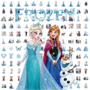 以下が含まれることがあります： 映画「アナと雪の女王」のエルサとアナ、雪だるまのオラフが描かれたカラフルなイラスト。 「FROZEN」の文字が氷のような青色で表示されています。 背景には、キャラクターや雪の結晶の様々な画像が散りばめられています。