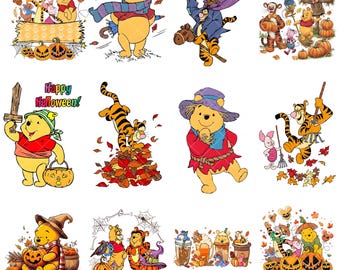 Può includere: Illustrazioni a tema Halloween con Winnie the Pooh e i suoi amici. Le immagini presentano personaggi in costume, zucche e foglie autunnali. Il testo include "Happy Halloween!" e "Winnie the Pooh".