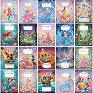 Pode incluir: Uma coleção de vinte cadernos de composição com vários personagens da Disney em cenas coloridas e detalhadas. Cada caderno inclui uma etiqueta branca com o texto COMPOSITION BOOK e linhas para escrever.