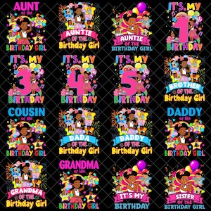 May include: A collection of colorful birthday-themed graphics featuring a young girl with dark hair. Each design includes text such as "Auntie of the Birthday Girl," "It's My Birthday," and numbers 1, 3, 4, and 5, with decorative elements.