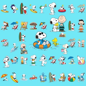 Summer Snoop Beach Clipart Bundle PNG, Cute Cartoon Dog Surfing Vacation Clipart, Peanuts Style Summer Elements, Transparent Background