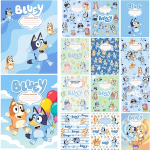 Puede incluir: Una colección de cuadernos de composición de Bluey con varias ilustraciones de personajes, patrones y el logotipo de Bluey. Las portadas muestran a Bluey y Bingo en diferentes poses, globos coloridos, flores y huellas sobre fondos azules, verdes y blancos.