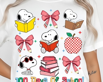 100 Days of School Snoopy PNG, Teacher Student Png, Reading Book Bow Apple Sparkles png, Sublimation Design, Digital Download