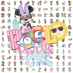 Pode incluir: Ilustração colorida com as palavras "POOL PARTY" em letras rosa e amarelas. Minnie Mouse usa óculos de sol em forma de coração e segura uma bebida. Um sol com óculos de sol e um respingo de água também estão incluídos.