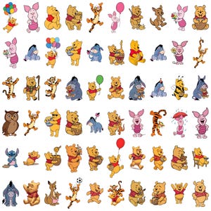 Puede incluir: Una colección de ilustraciones de dibujos animados coloridos con Winnie the Pooh, Piglet, Tigger, Eeyore y Owl. Los personajes se representan en varias poses, algunos sosteniendo globos, flores y tarros de miel. Las imágenes están sobre un fondo blanco.
