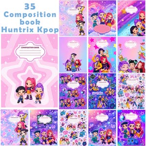 Può includere: Una collezione di 35 quaderni di composizione con illustrazioni grafiche di personaggi in stile Kpop. Le copertine mostrano vivaci sfumature viola, rosa e blu con stelle, nuvole e note musicali. Ogni quaderno include un'area per l'etichetta.