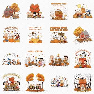 May include: A collection of fall-themed illustrations featuring the Peanuts characters. The images include Snoopy, Charlie Brown, and friends with pumpkins, autumn leaves, and text like "Sweater Weather" and "Happy Thanksgiving."