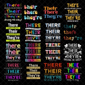 Puede incluir: Una colección de diseños coloridos basados en texto sobre un fondo negro. Cada diseño presenta las palabras "There", "Their" y "They're", con frases sobre lecciones de gramática. El texto está en varias fuentes y colores, creando una exhibición visualmente atractiva.