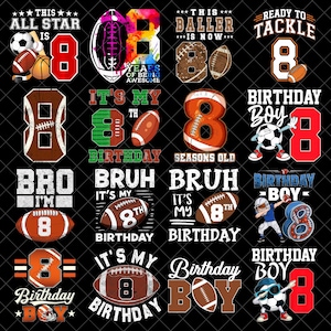 Op de afbeelding: Een verzameling grafische ontwerpen met het nummer 8, American footballs en verschillende zinnen. Ontwerpen zijn onder meer "All Star", "Baller", "Birthday Boy" en "Ready to Tackle". Het kleurenpalet omvat rood, oranje, bruin en zwart.