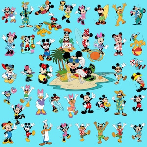 Puede incluir: Una vibrante ilustración con numerosos personajes de dibujos animados, incluyendo Mickey y Minnie Mouse, en varios escenarios de playa y vacaciones. Los personajes están representados con trajes coloridos, gafas de sol y sosteniendo tablas de surf, pelotas de playa y otros elementos temáticos de verano sobre un fondo azul claro.