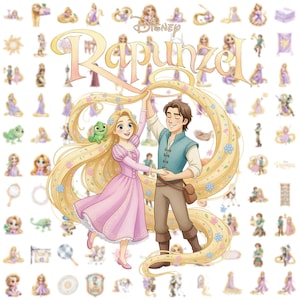 Puede incluir: Ilustración en acuarela de Rapunzel y Flynn Rider de Disney bailando, rodeados de imágenes más pequeñas de los personajes. Rapunzel lleva un vestido rosa y Flynn un chaleco azul. La palabra "Rapunzel" está escrita en una fuente decorativa.