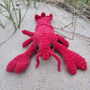 Puede incluir: Un juguete de langosta roja de peluche hecho a mano con ojos negros, tumbado sobre arena. La langosta tiene pinzas, patas y antenas detalladas, y está hecha de un material suave y texturizado. El fondo presenta arena y briznas de hierba.