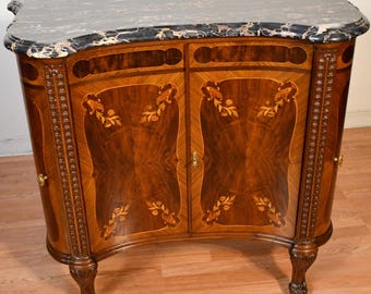 1920 Antique French Louis XVI walnut satin wood inlaid marble top Commode chest of drawers
