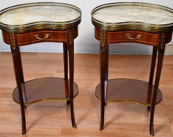 1930 Pair French Mahogany Inlay Marble Top Kidney Shape Nightstands Bedside Tables