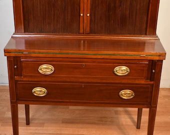 1910s Antique  English Sheraton  Mahogany inlaid Writing secretary tambour desk.