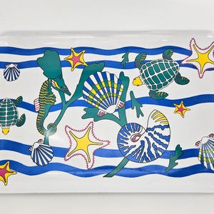 Vintage 80s TAIPRO Sea Life Melamine Serving Tray 16.5 x 11 Coastal Nautical Turtle Seahorse Shells Ocean Beach Decor