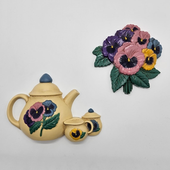 Vintage Burwood Wall Decor – Pansy Bouquet & Teapot Set – 80s Molded Plastic Kitchen Wall Art