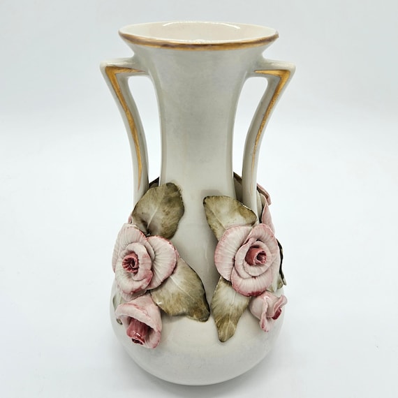 Vintage Cordey Vase – Applied Floral – Gold Accents