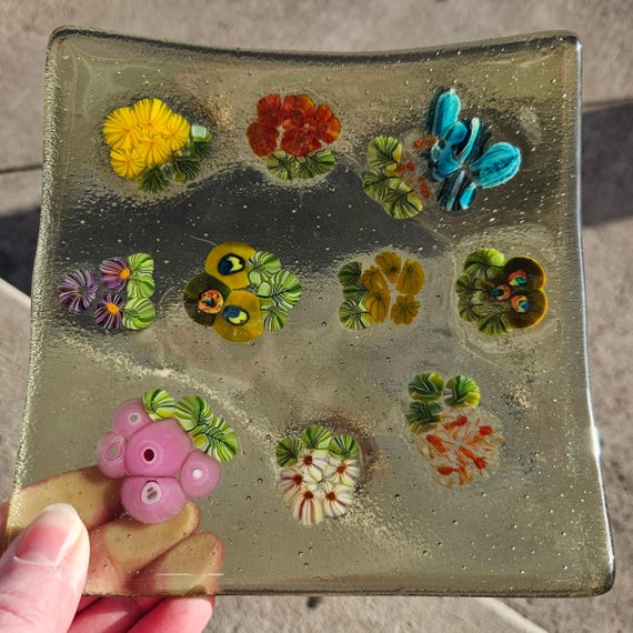 Signed Studio Art Glass Floral Platter – Hand Fused Glass Tray
