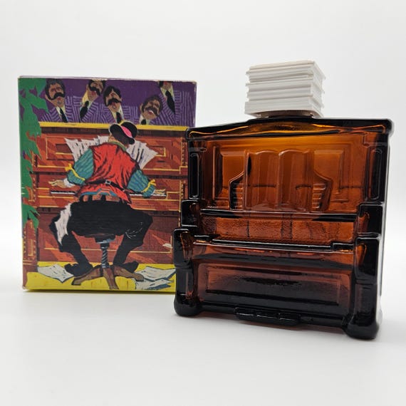 1970s Avon Piano Decanter – Amber Glass with Book Cap – Empty – Original Box – Vintage Barware – Music Room Decor – Gift for Collector