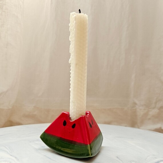 Vintage Ceramic Watermelon Taper Candle Holder – 4" Long x 2" Tall – Summer Fruit Decor – Bright Red & Green – Whimsical Table Accent