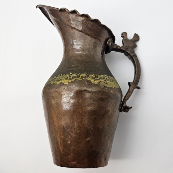 Old Hammered Copper Ewer – Antique Persian Turkish Jug with Scalloped Rim & Gold Band
