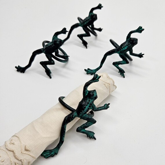 Vintage Verdigris Frog Napkin Rings – Cast Metal Set of 4