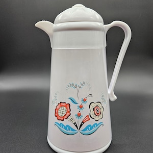 Vintage 1970s Berggren Thermos Carafe – Swedish Folk Art Floral Design – Retro Plastic Hot Drink Server – Coffee Shop Decor