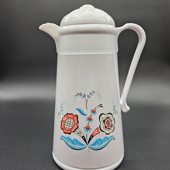 Vintage 1970s Berggren Thermos Carafe – Swedish Folk Art Floral Design – Retro Plastic Hot Drink Server – Coffee Shop Decor