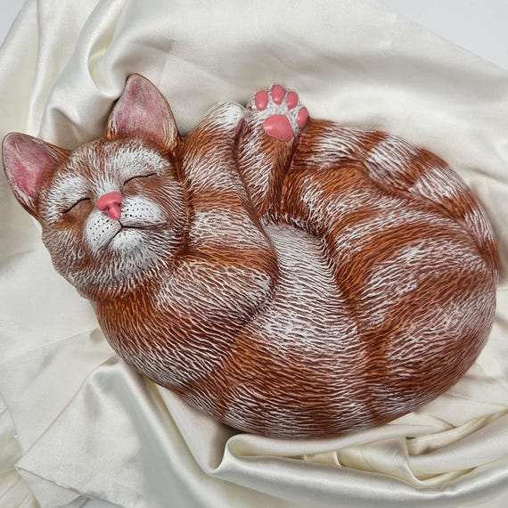 Vintage 1995 Ceramic 10" Cat Figurine – Hand Painted Sleeping Cat – Artist Signed